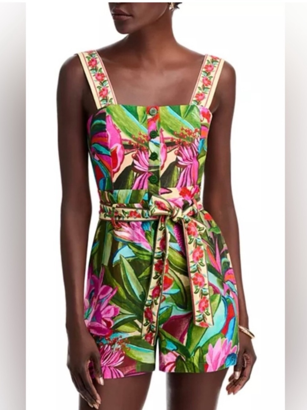 Farm Rio Tie-Waist Romper in Pink & Green size xs like new